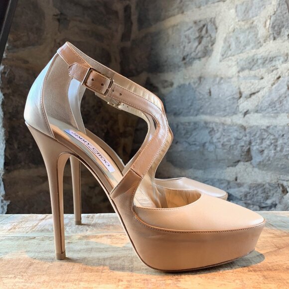 Jimmy Choo Ivory Nude Leather Tulip Platform Pumps - Picture 4 of 10